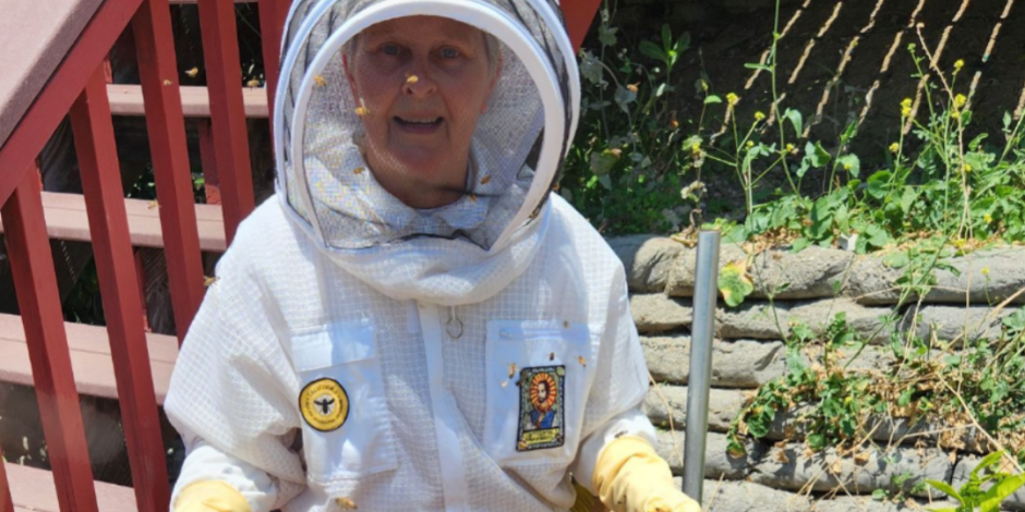 Beekeeper Charlene Potter and her hive