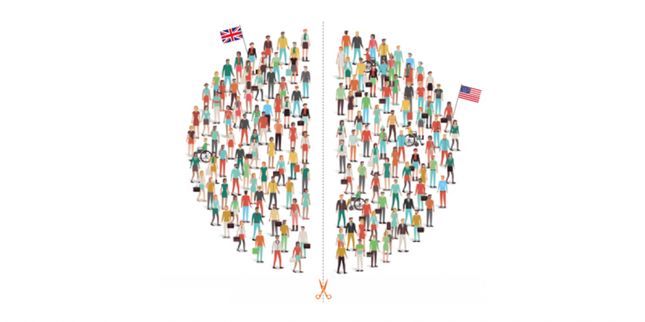 Illustration: Gruppe von Figuren mit britischer Fahne und Gruppe von Figuren mit amerikanischer Fahne