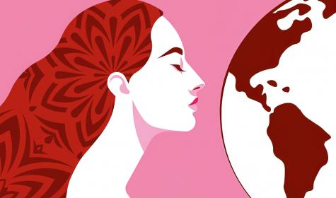 Female silhouette on pink background with a picture of the world