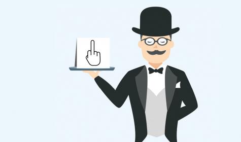 an illustration of a man holding a tray with a sign of a hand with the middle finger up on it