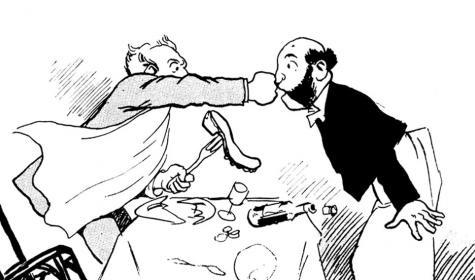 A man punching a waiter 