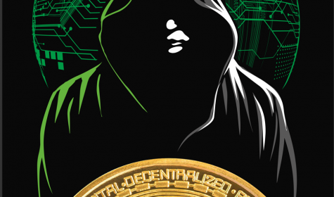 A figure in a black hoodie, with bitcoin in front of him