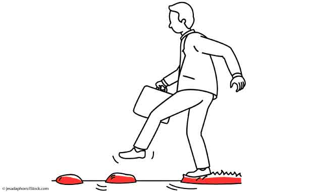 Illustration: Mann geht auf Steinen vorsichtig über einen Fluss