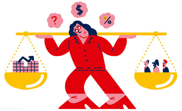 Illustration: Frau balanciert verschiedene Symbole in einer Waagschale