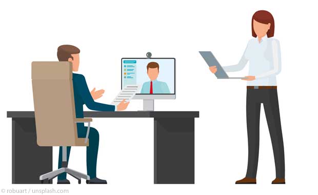 Illustration: Bürosituation mit Mann am Schreibttisch und Frau mit Laptop