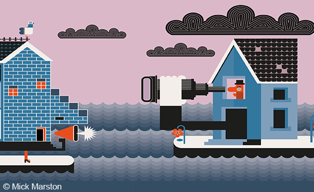 Illustration: Zwei Häuser schwimmen auf dem Wasser; ein Mensch sieht durch ein Fernrohr aus dem Fenster