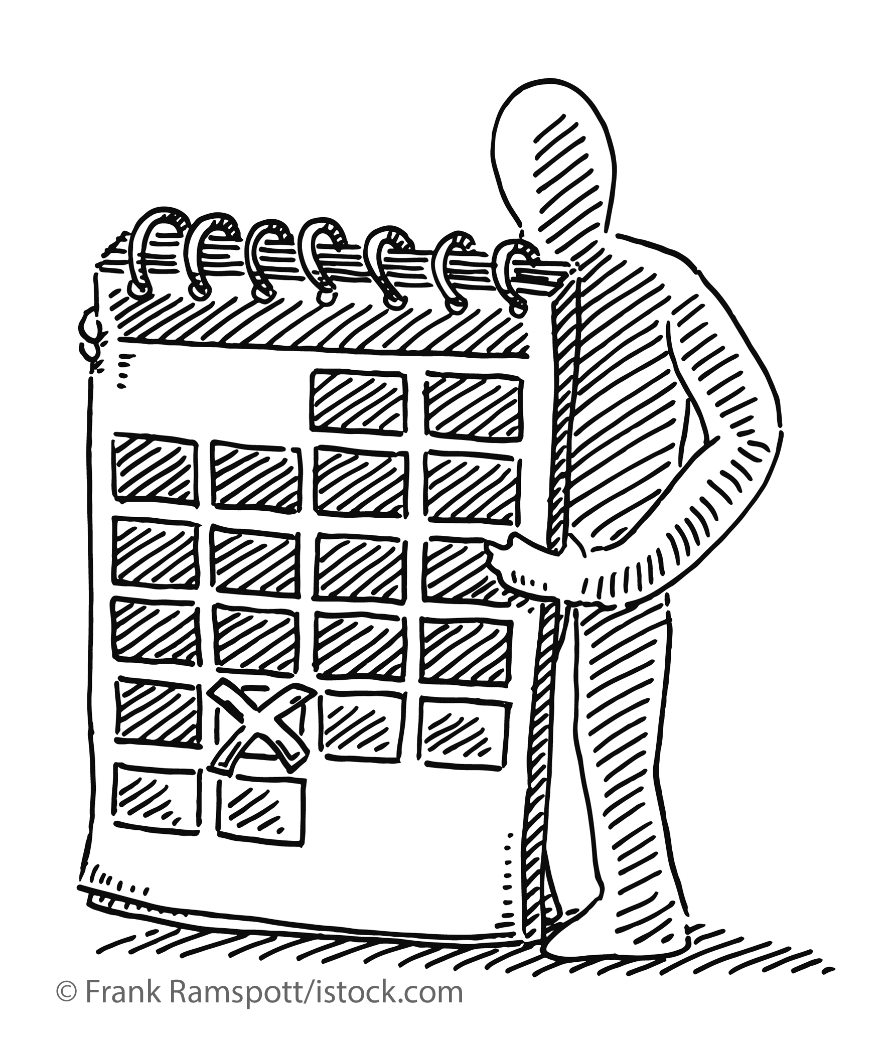Illustration zum Thema Zeitplanung: Figur, die auf einen Kalender zeigt?