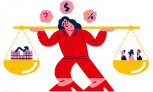 Illustration: Frau balanciert verschiedene Symbole in einer Waagschale