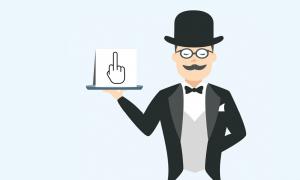 an illustration of a man holding a tray with a sign of a hand with the middle finger up on it