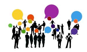 speech bubbles coming from various people talking