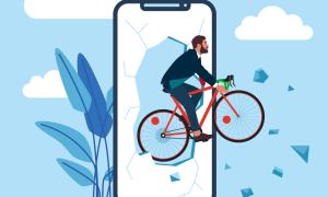 businessman on bike breaking out of a mobile phone screen