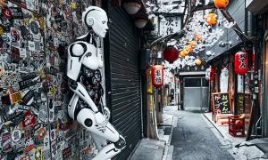 Robot up against a wall in a side alley