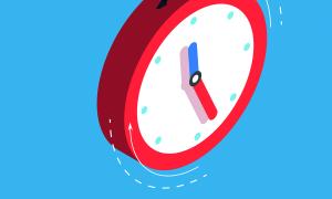 a man in a suit running on a red clock
