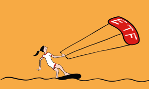 drawing of a person kiteboarding with a kite that says "ETF" on it