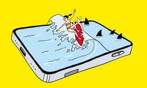 Cartoon of woman surfing away from sharks within the frame of a smartphone