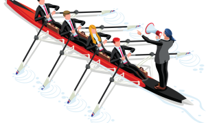 manager shouting to a rowing crew dressed in suits and working together to row forward