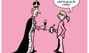 A lady making small talk with the King of England