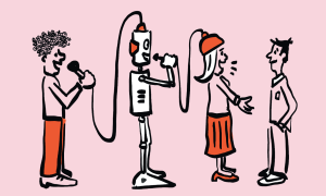 A game of "telephone", where a speaker tells a robot what to say and that robot tells a new speaker what to say
