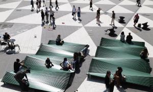 Benches at the Sergels Torg public square in Stockholm, Sweden on July 5, 2023. 