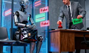 A robot sitting down for an interview with HR