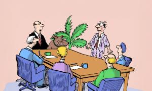 An office meeting where everyone is staring at a colleague that looks like they have been through a lot