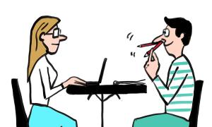 Cartoon of two coworkers sitting across from one another, one sitting up straight and looking professional, the other making a fool of himself