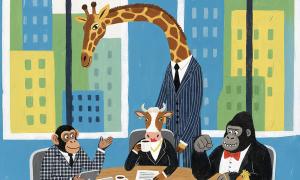 A meeting at the office between many different animals in business attire