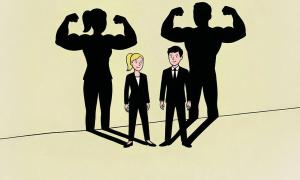 A woman and man stand against a wall, and their shadows flex their strong muscles behind them