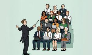  An orchestra conductor stands in front of a business meeting, ready to direct