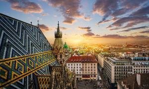 View of Vienna from the roof of St. Stephen's Cathedral, Vienna, Austria. St. Stephen's Cathedral is a symbol and landmark of the city of Vienna.