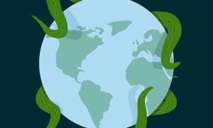 Octopus tentacles wrapped around planet Earth