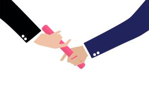 Businessman hand passing the baton in a relay race. Partnership or teamwork concept 