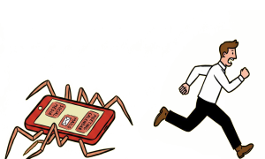 A phone with spider legs chases a man