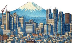 Drawing of Tokyo skyline with Mt. Fuji in background