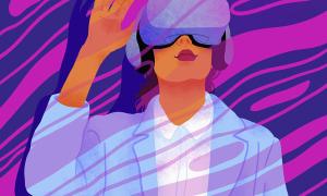 Drawing of a curious businesswoman using a VR headset