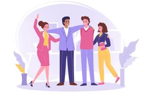 A business team gathering for a group hug