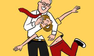 Man in a nice suit giving an informally dressed man a noogie
