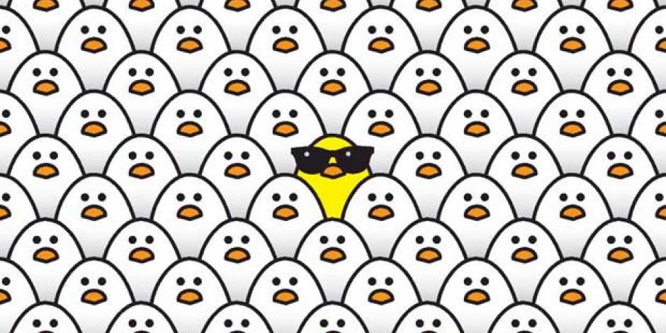 Illustraion: gelbes Hühnchen mit Sonnenbrille in einer Masse weißer Hühnchen