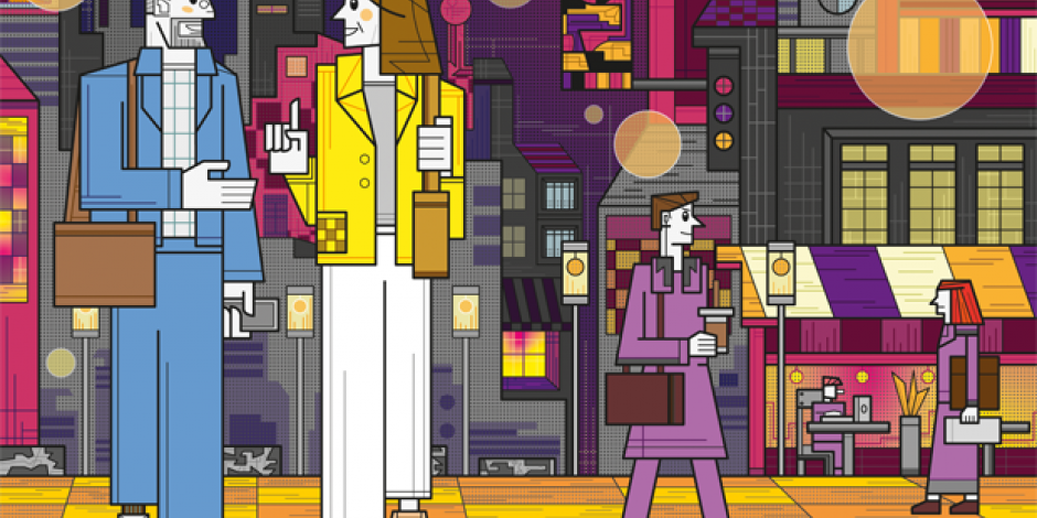 Illustration: Zwei Personen laufen durch eine Stadt