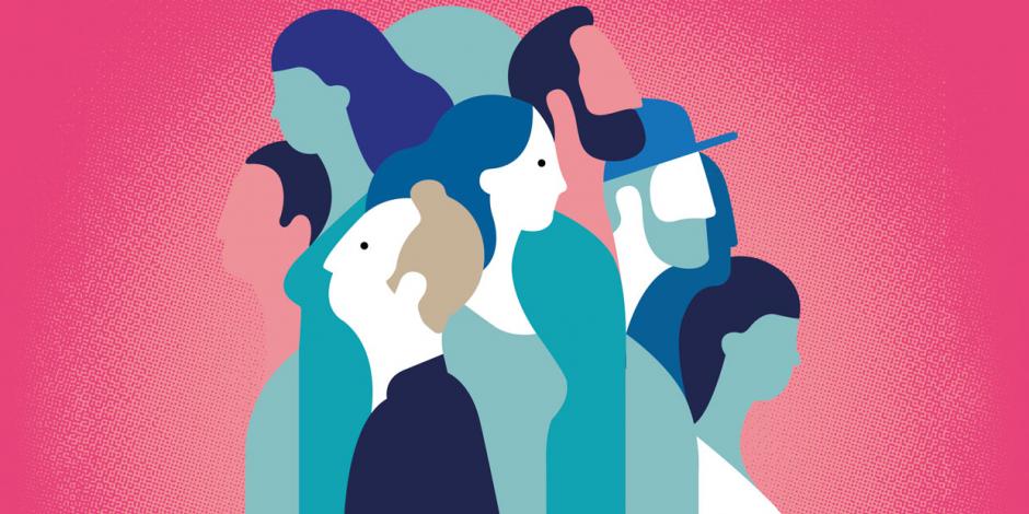 Illustration: verschiedene Personen vor pinkem Hintergrund