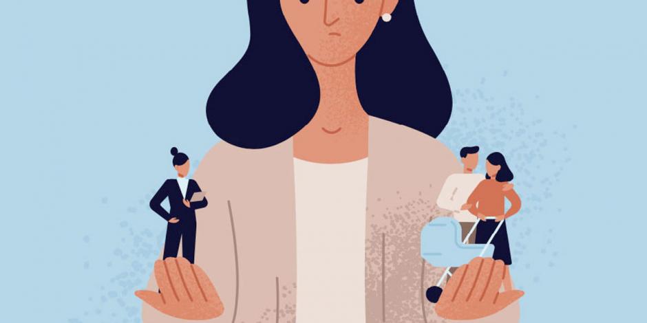Illustration: Frau hält in einer Hand eine Figur, die für Karriere steht und in der anderen, eine, die für Familie steht