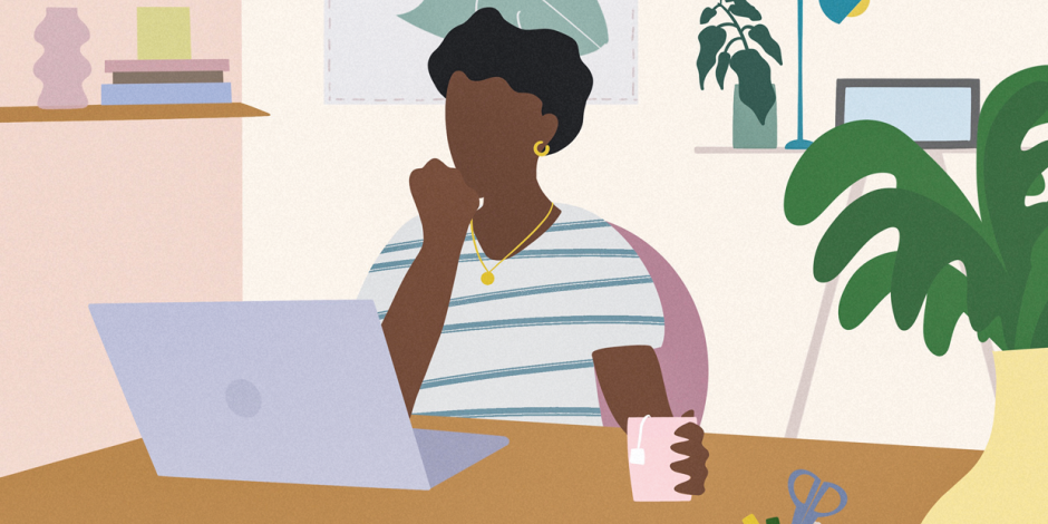 Illustration: Frau im Home-Office an ihrem Laptop