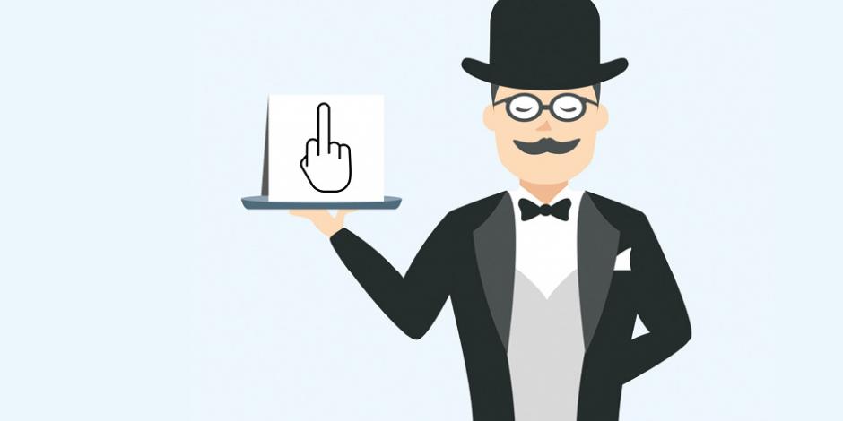 an illustration of a man holding a tray with a sign of a hand with the middle finger up on it