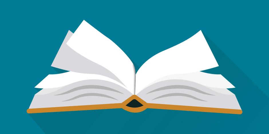 a picture of an open book on a teal background