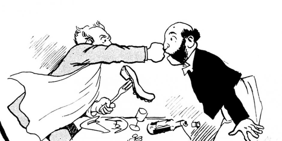 A man punching a waiter 