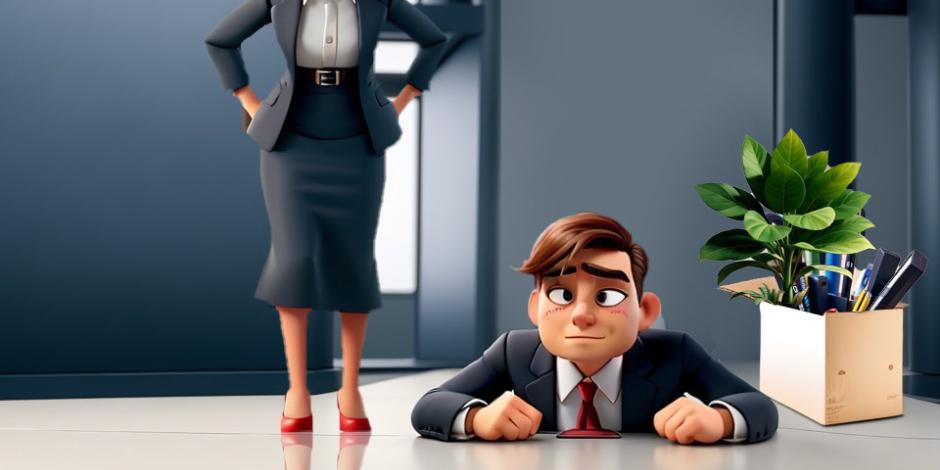 "Gefeuert" one office worker standing over another who was fired