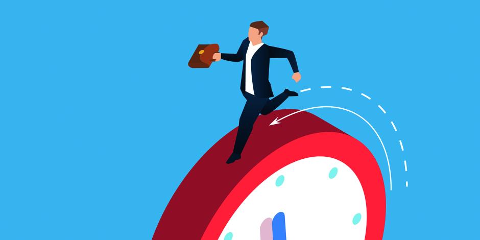 a man in a suit running on a red clock