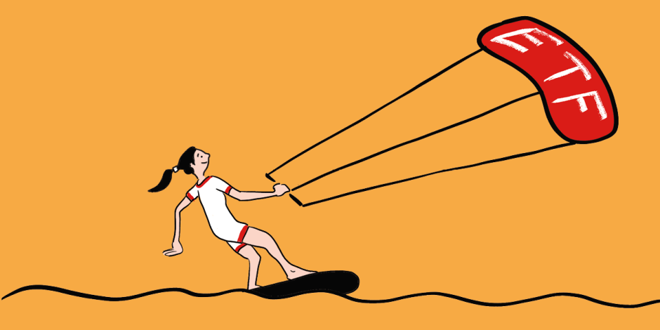 drawing of a person kiteboarding with a kite that says "ETF" on it