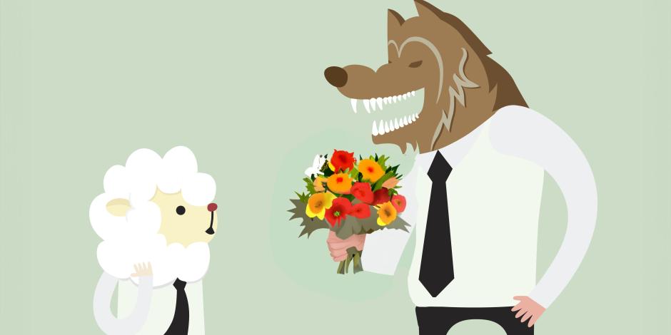 wolf presenting flowers to a sheep at work