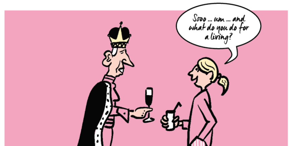A lady making small talk with the King of England